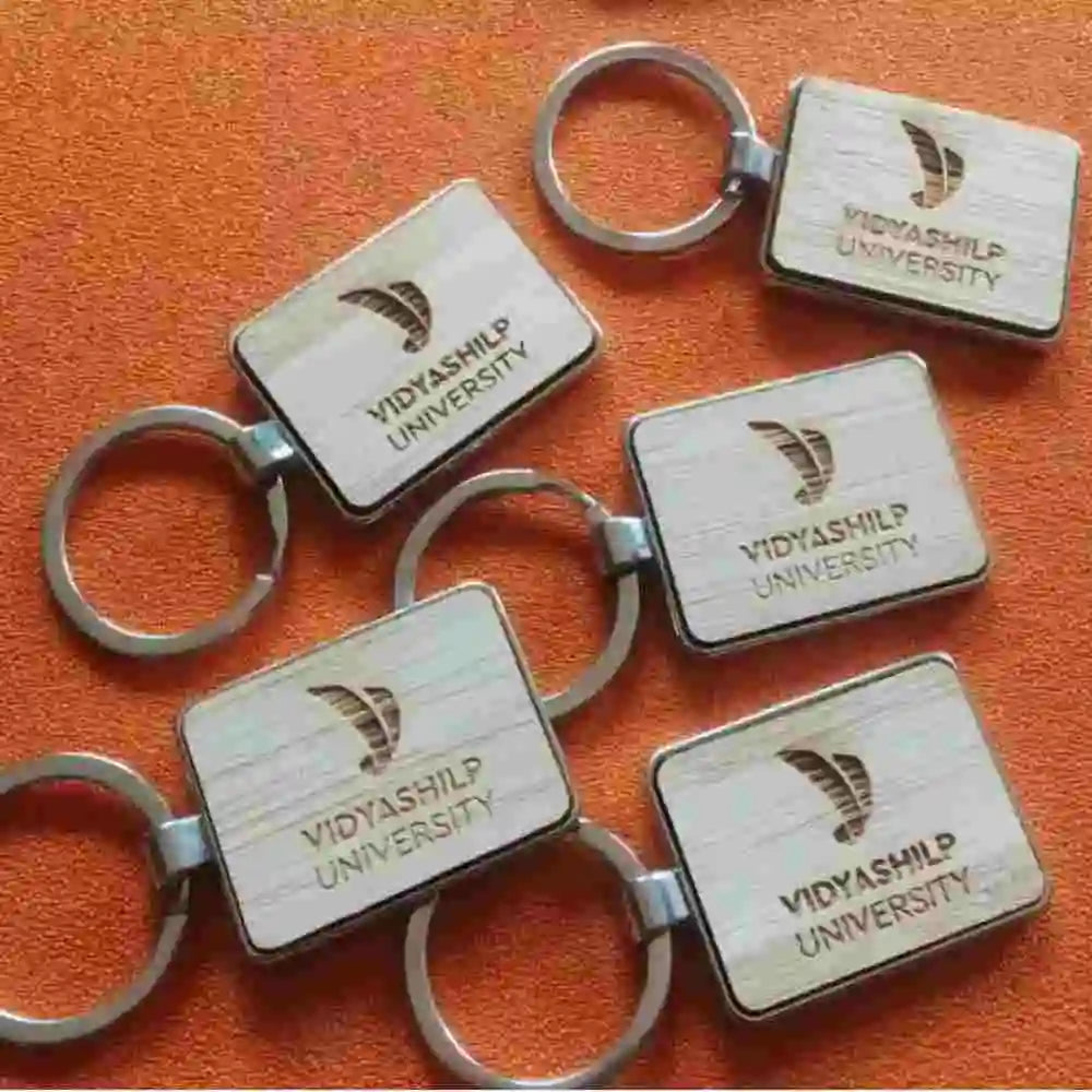 Rectangle Shape Wooden Metal Keychain
