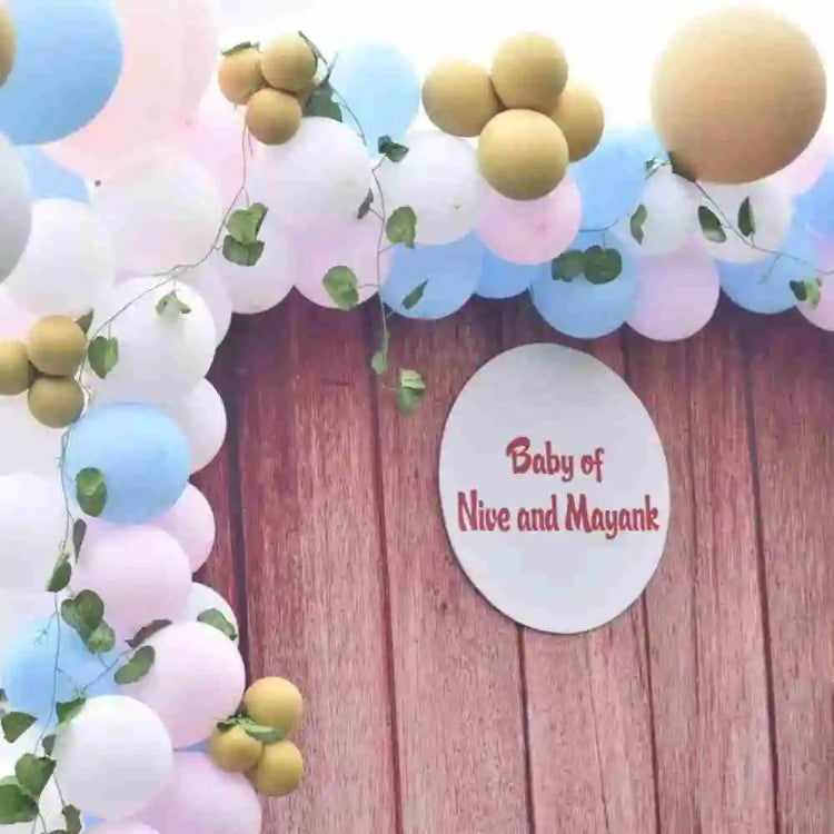 Get wooden finish baby shower backdrop with custom name