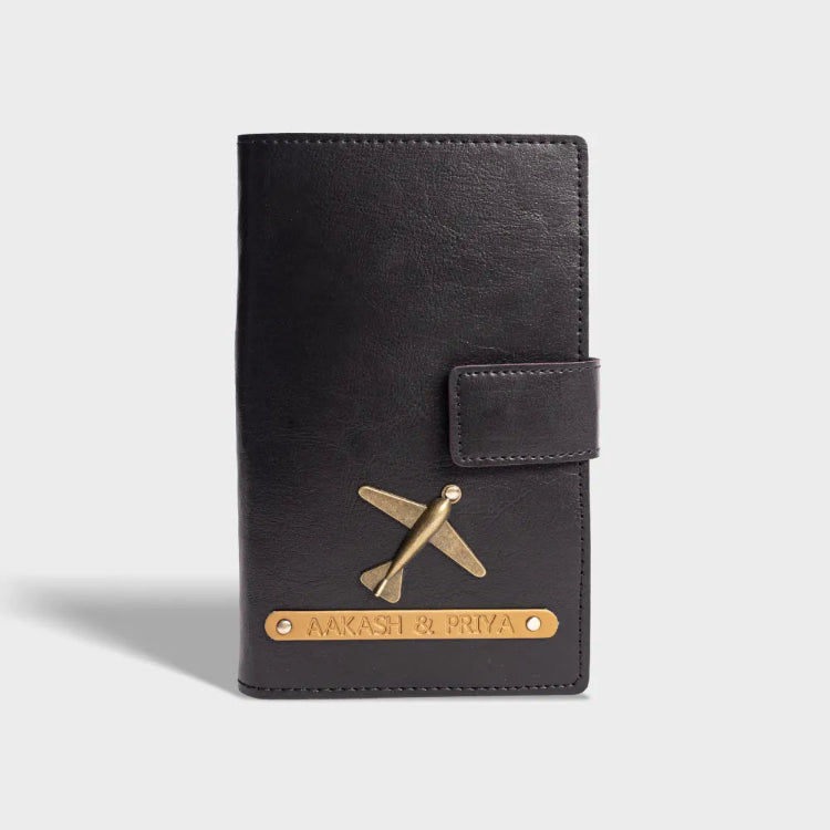 Buy black personalized dual passport cover with charm for couples