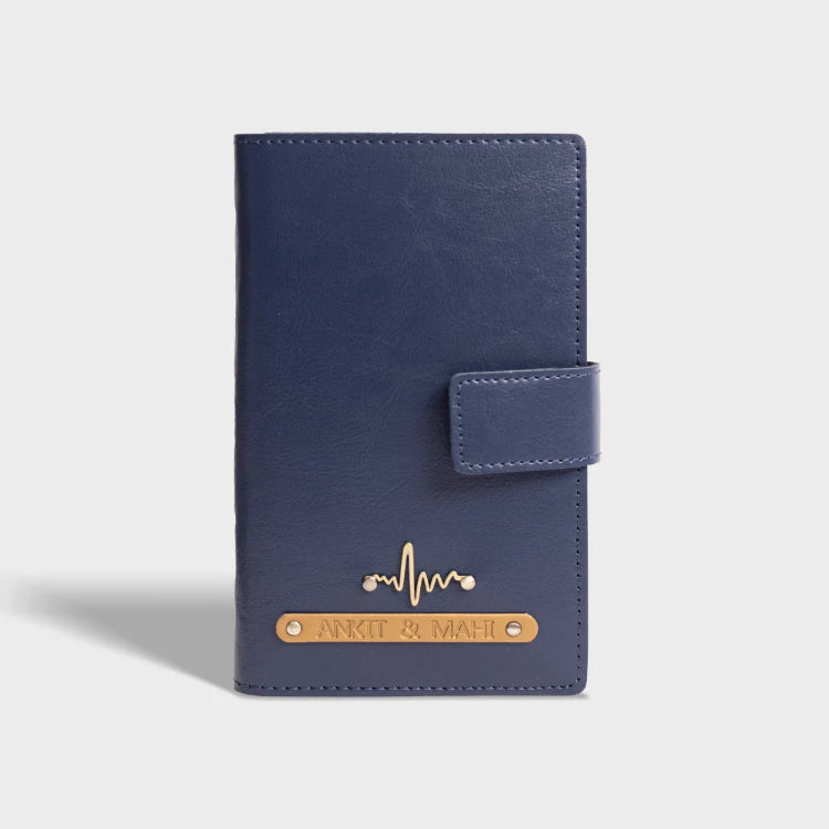 Shop blue dual passport cover with  personalized charm for couples