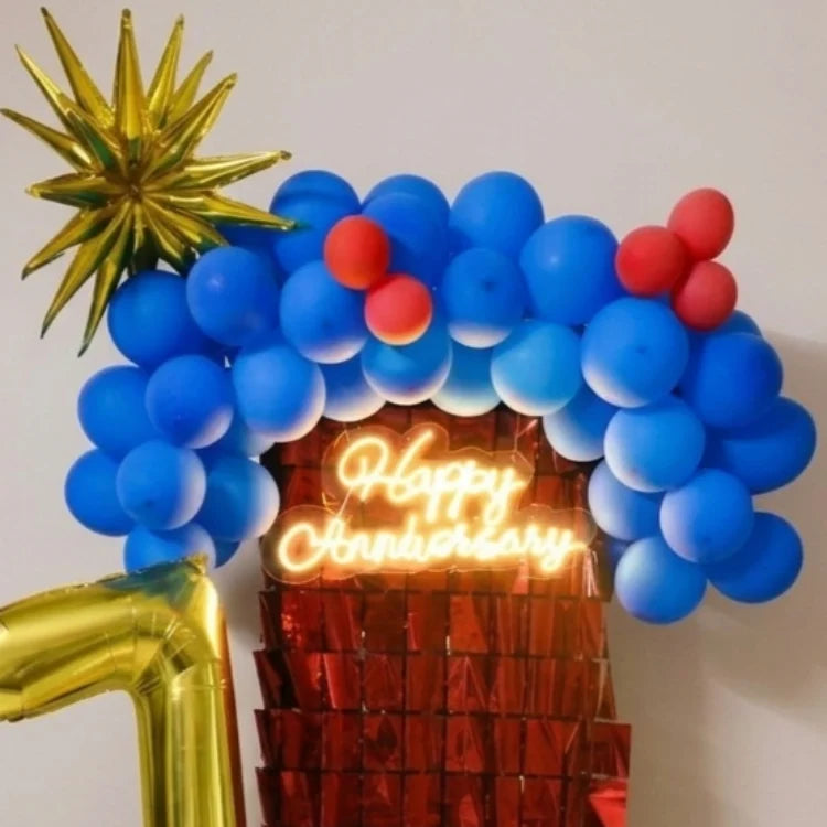 Get blue and red Happy Anniversary balloon backdrop decoration for home
