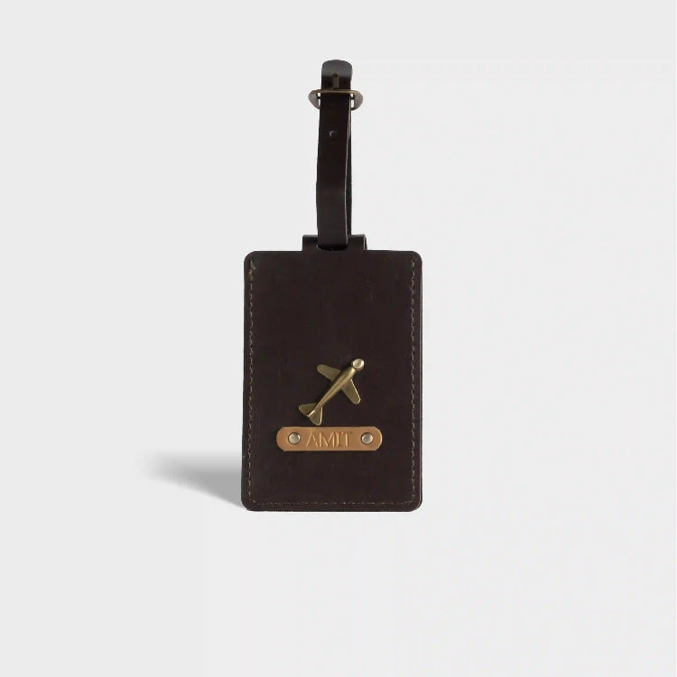 Buy Brown Personalized Bag Tag with Name Emboosed and Charm