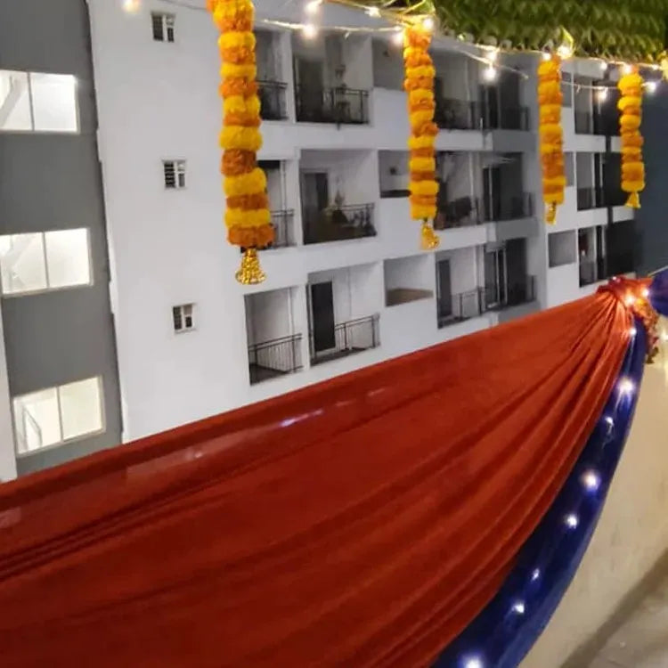 Book Chapra Decoration with marigold garlands, drapes and wedding lightings decor setup