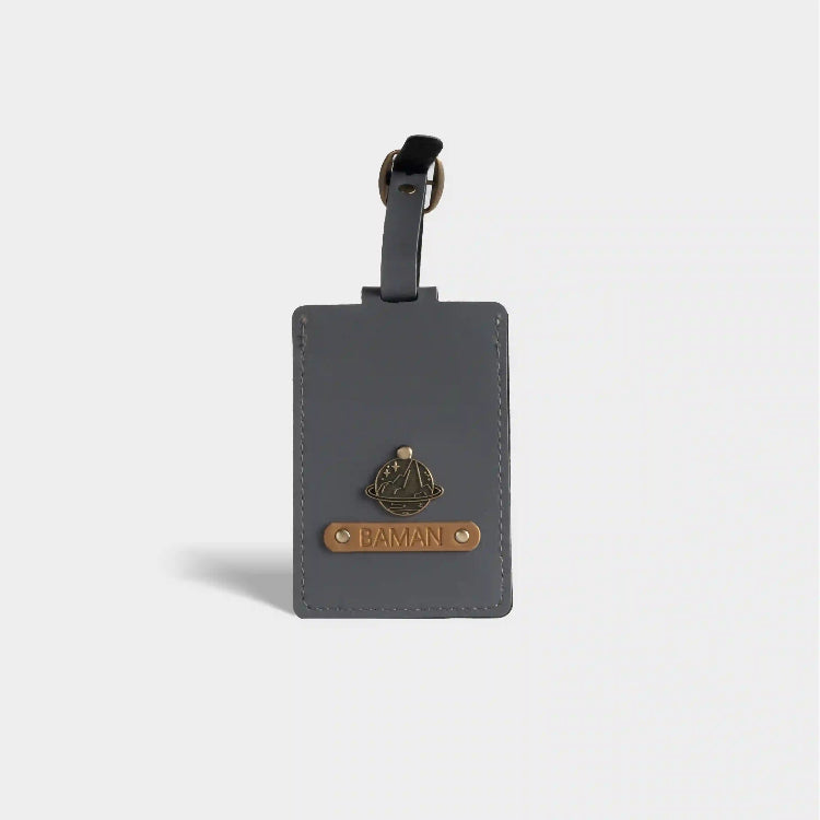 Shop custom grey luggage tag with travel charm and name