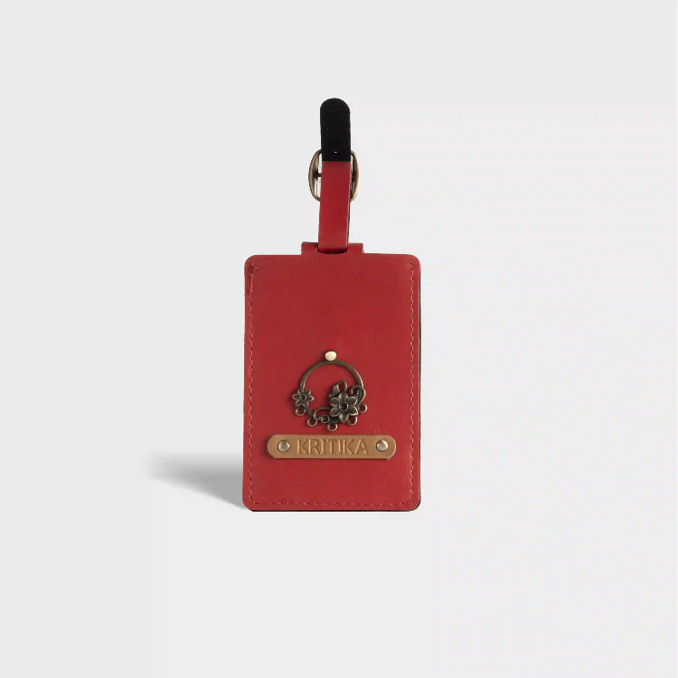 Order custom red luggage tag  online with charm and name