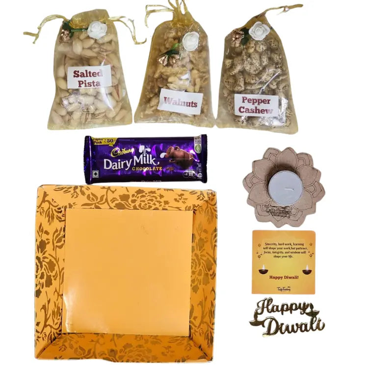 Order Diwali corporate gift hamper with dry fruits, MDF tea light holder and greeting card