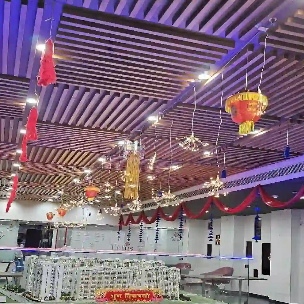 Order Diwali Decor in Office with hanging lanterns, decorative lights and colourful ceiling decorations