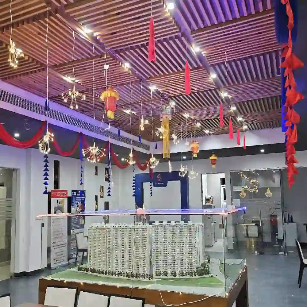 Get Diwali Decor in Office with full ceiling lighting, hanging lanterns and colourful festive decorations