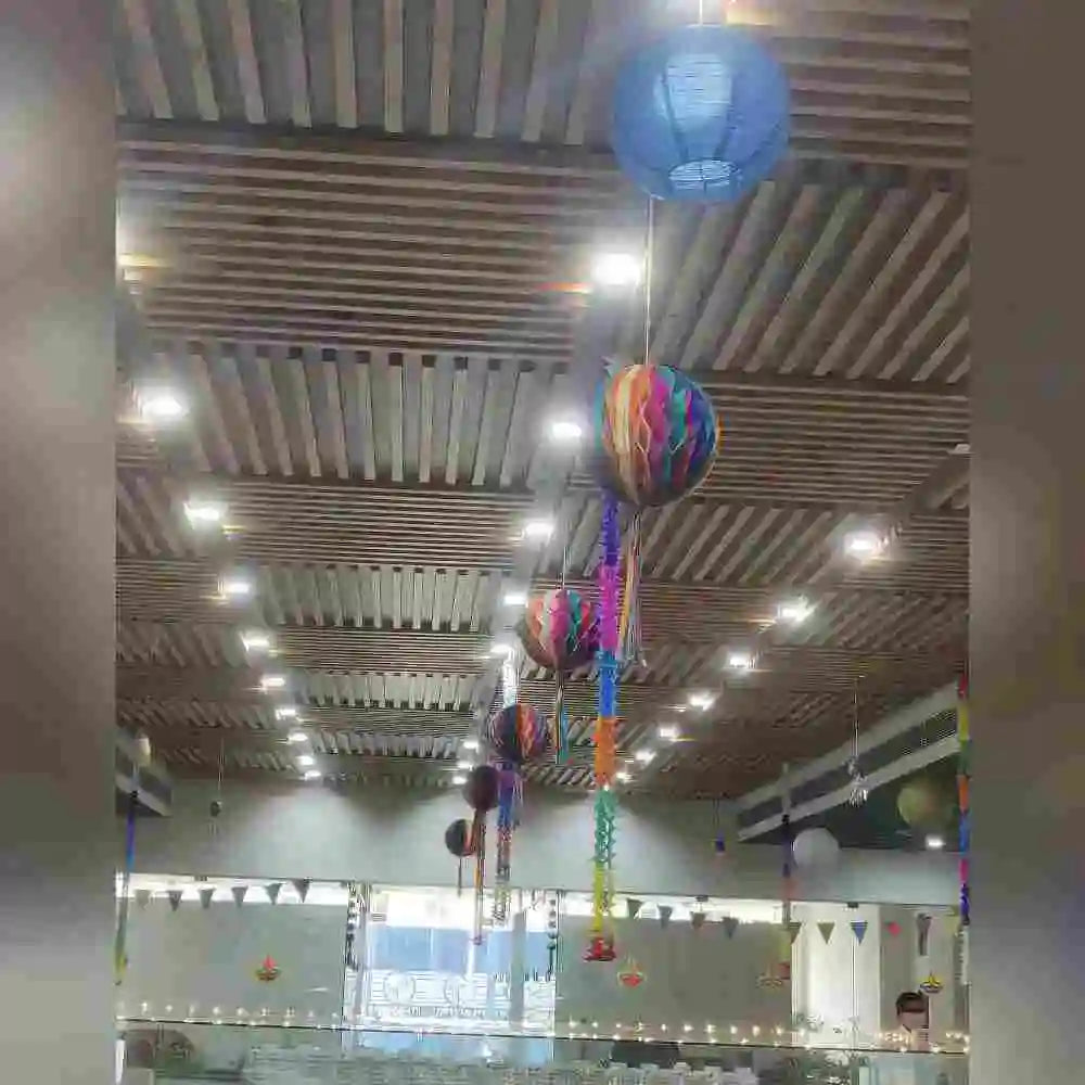Get Diwali Decor in Office with colourful hanging lanterns, decorative lights and ceiling decorations