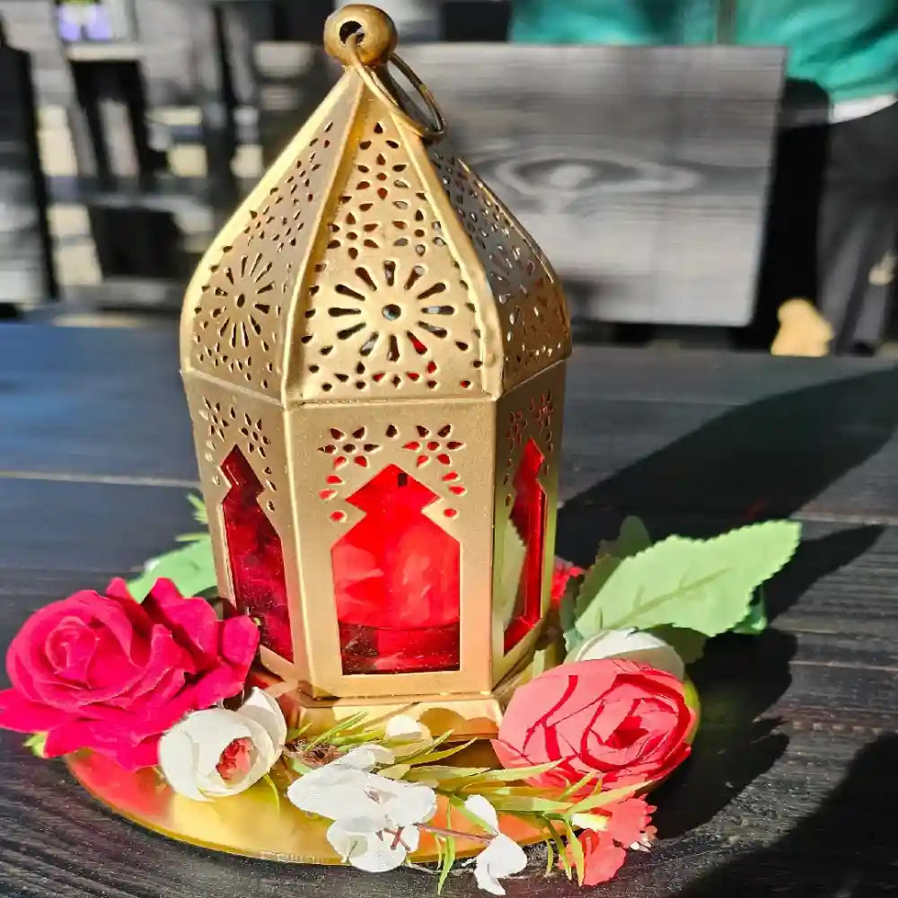 Book Diwali Decor in Office with traditional golden lantern, diyas and floral decoration