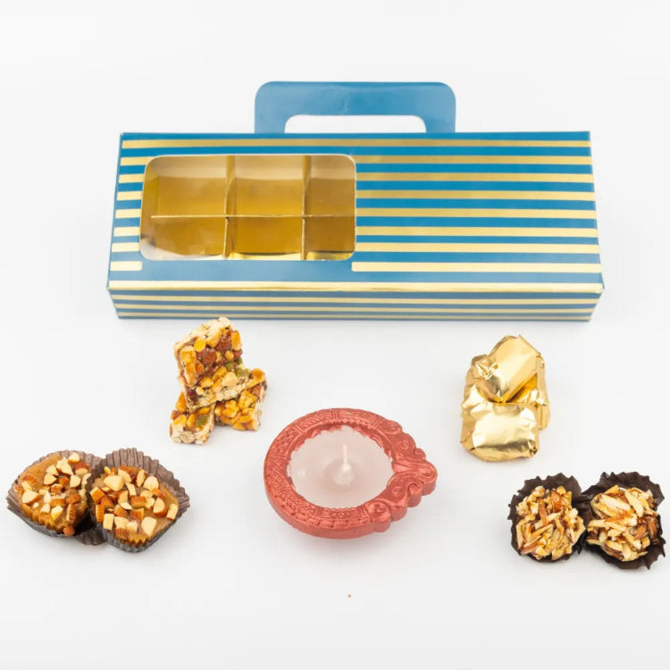 Order Diwali Gift Box with Dry Fruit Delicacies and Wax Candle Diya
