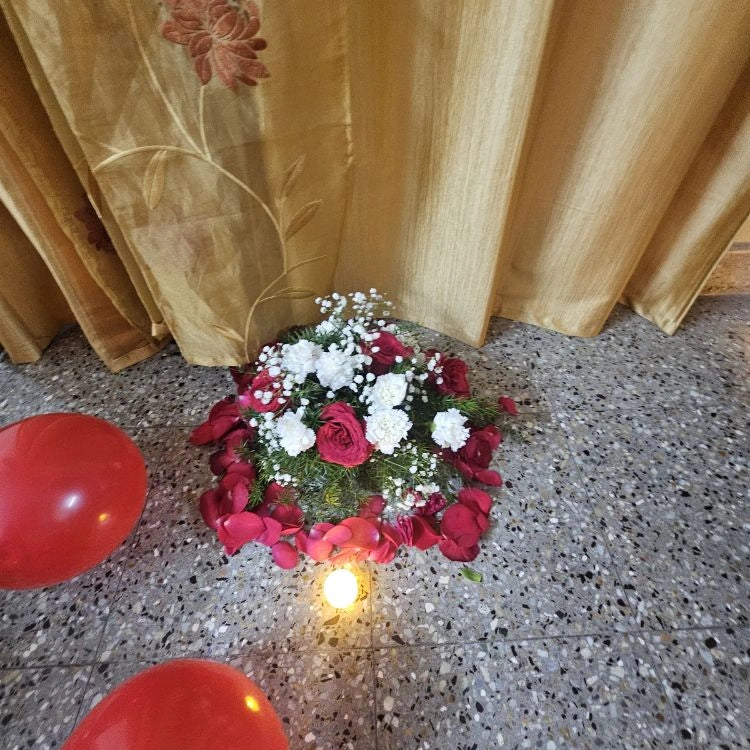Get Quote for first night floral floor decoration with roses and candle lights