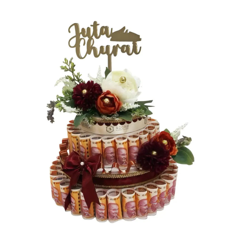 Buy Juta Churai wedding cake topper online in gold acrylic with floral cake