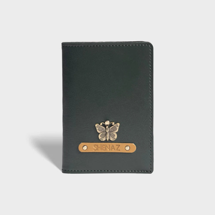 Get green personalized passport cover with customised charm and name
