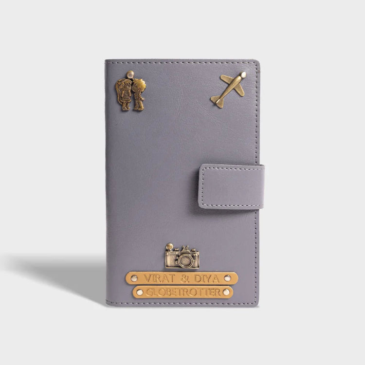 Buy grey personalized dual passport cover with travel charms for couples