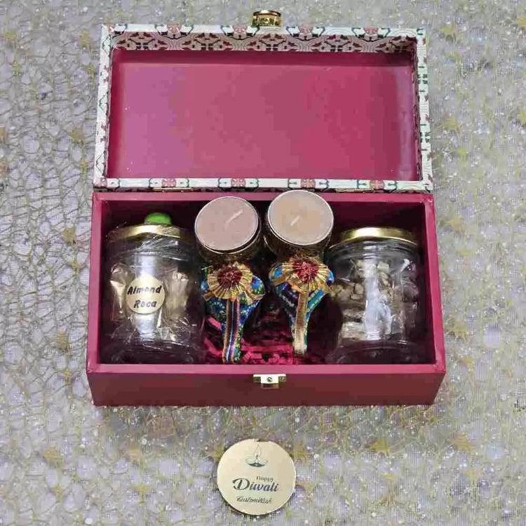 Shop MDF Diwali Gift Hamper with Almond Roca and Decorative Candle Holders