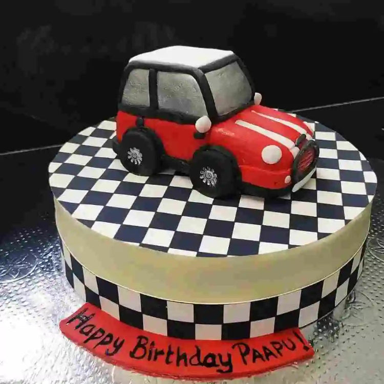 Order Mini Cooper themed cake with checkered design for car lover birthdays
