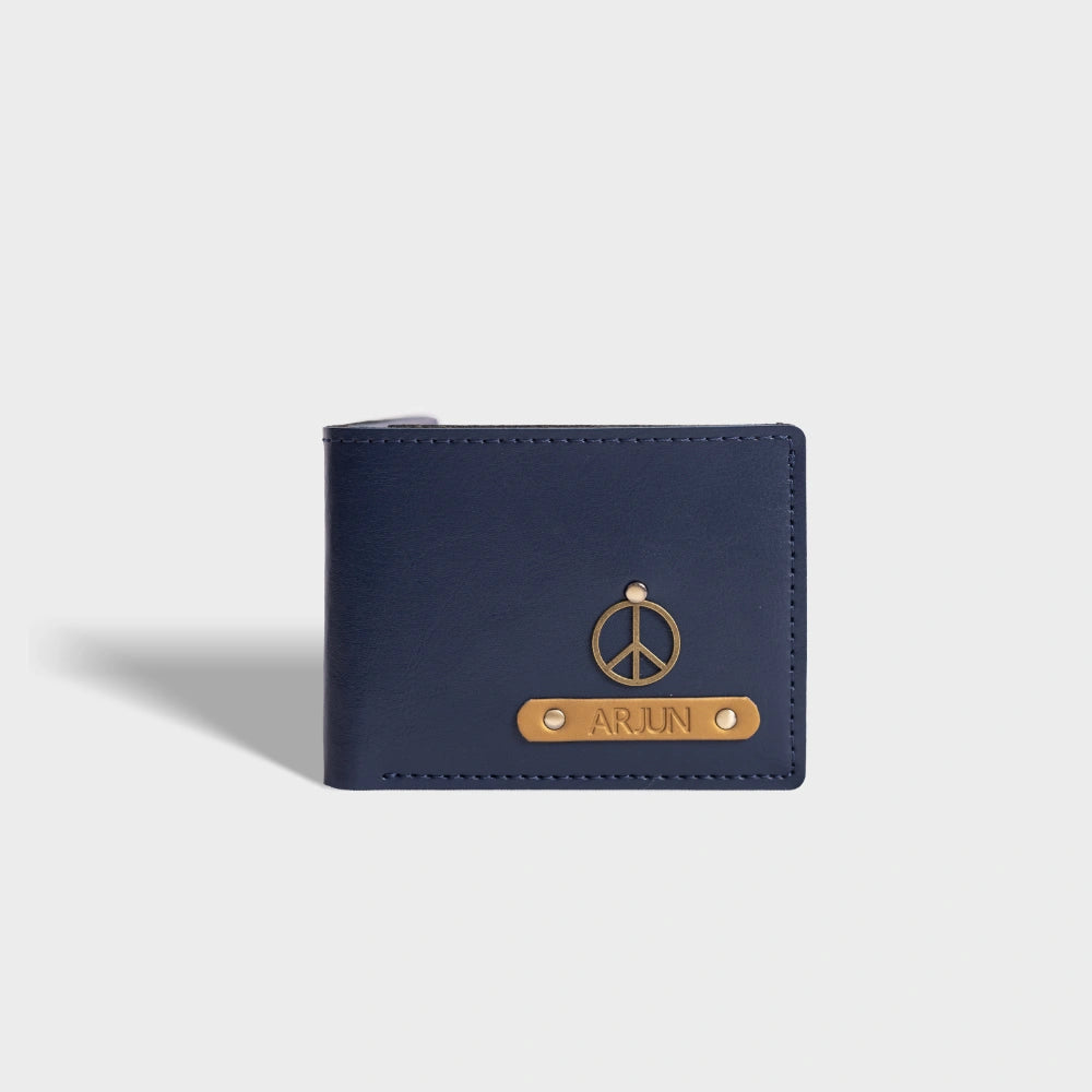 Buy personalized men's wallet in blue vegan leather with name and charm