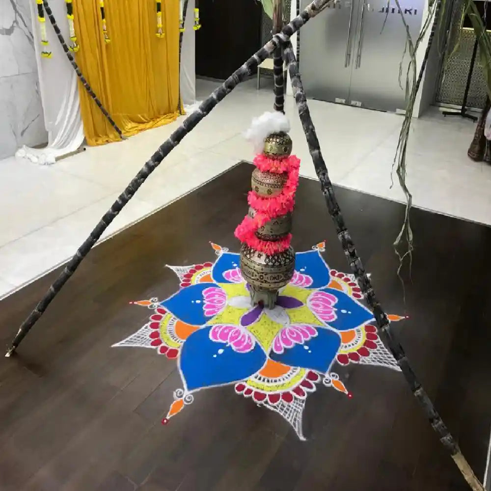 Pongal office decoration with traditional rangoli centerpiece