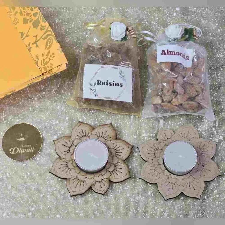Buy Raisins and Almonds Diwali Hamper with Two Decorative Tea Light Holders