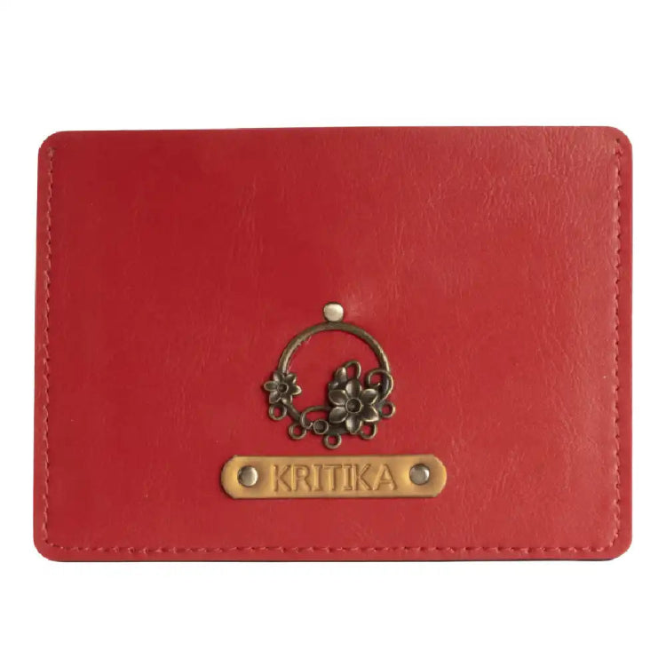 Buy red personalized passport holder with floral charm and name
