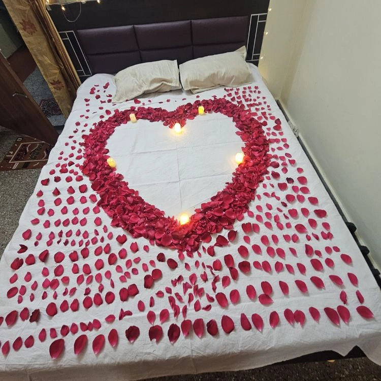 Get Quote for romantic bedroom decoration with I Love You balloons and lights