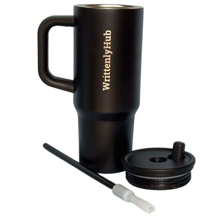 Buy stainless steel corporate tumbler in black with lid and straw