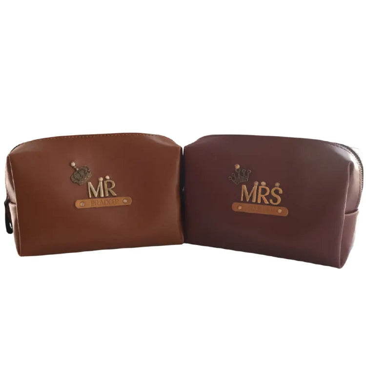 Buy Tan and Wine colour Personalised Mr and Mrs Travel Pouch with custom couple names