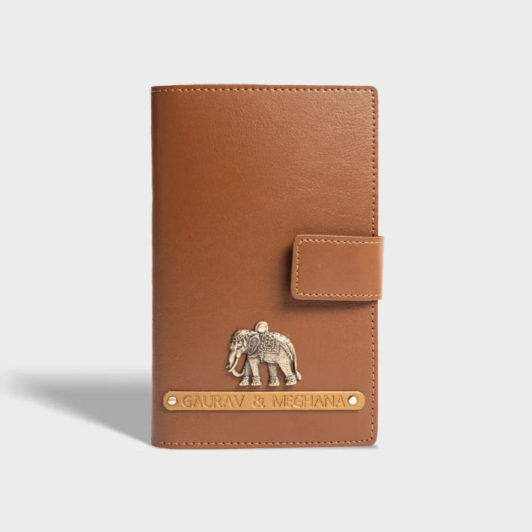 Buy tan personalized dual passport cover with custom charm and couple name