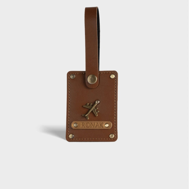 Order tan personalized luggage tag with custom name and charm