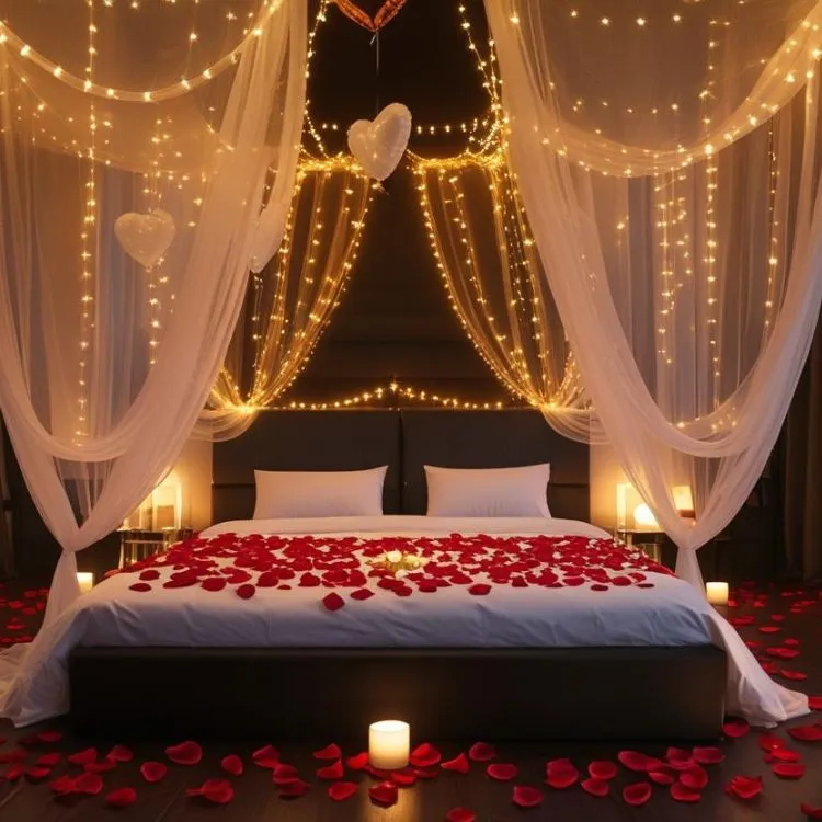 Romantic first night room decoration service for couples with flowers and lights
